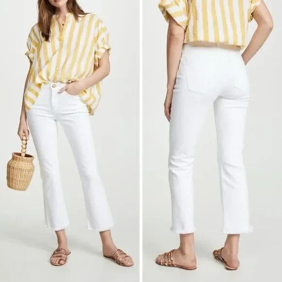 AYR The Bomb Pop Jeans Fray Hem High Rise Crop Stretch Womens 30 Magnolia White - Picture 2 of 14